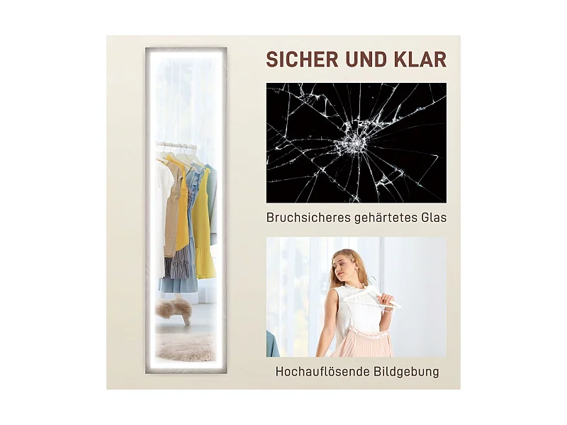 Miroir sur pied LED, 3 modes lumineux, cadre MDF gris, tactile, anti-casse, polyvalent (40x5x160cm)