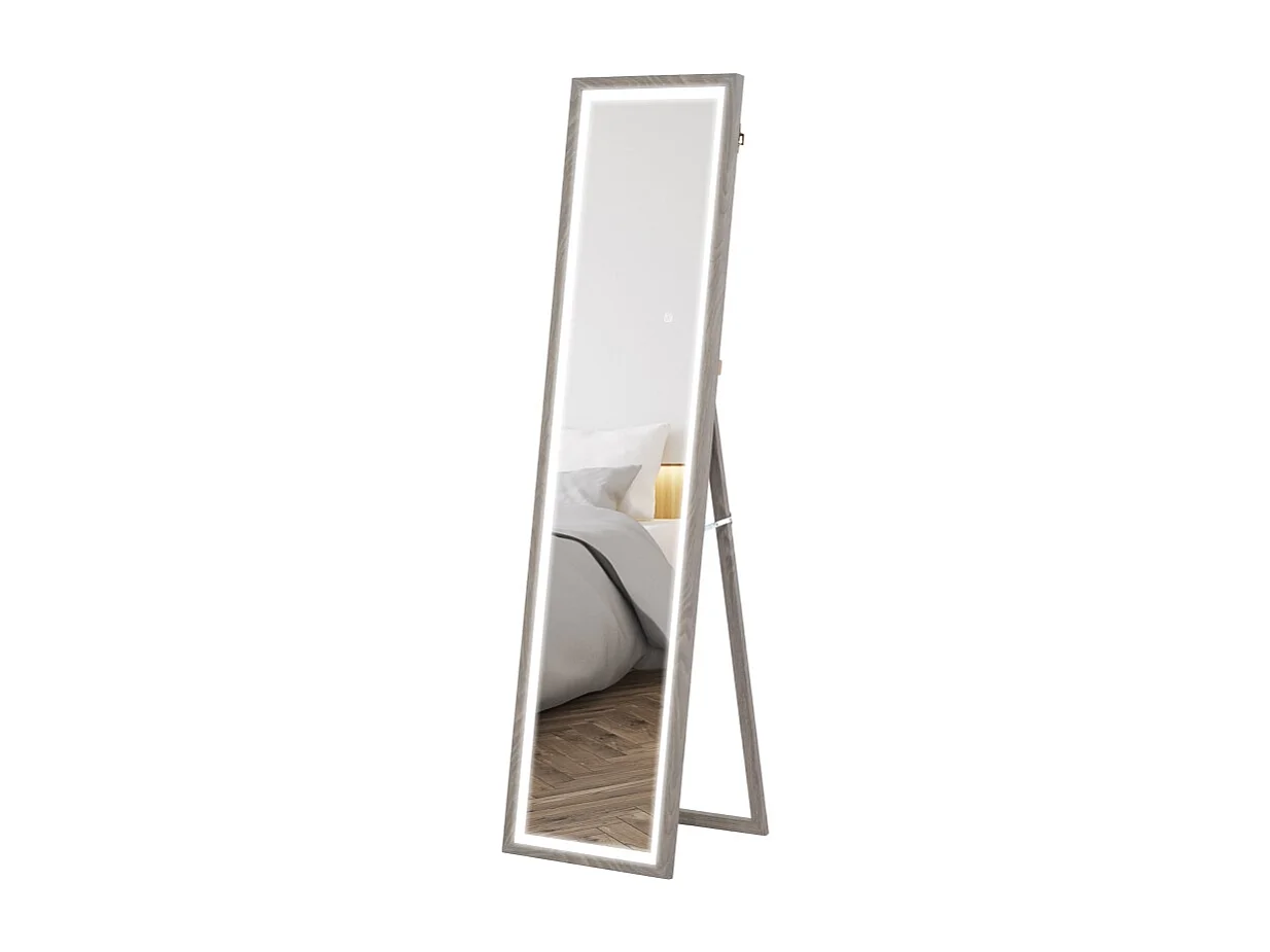 Miroir sur pied LED, 3 modes lumineux, cadre MDF gris, tactile, anti-casse, polyvalent (40x5x160cm)
