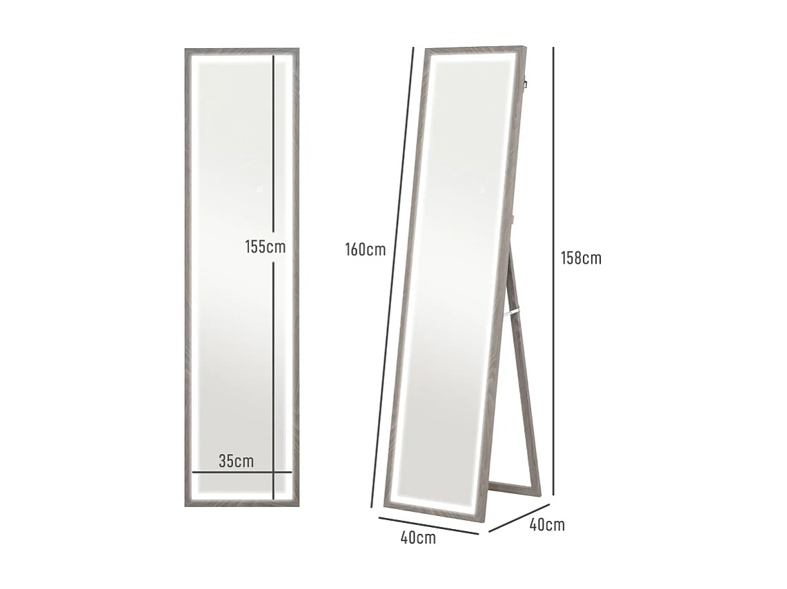 Miroir sur pied LED, 3 modes lumineux, cadre MDF gris, tactile, anti-casse, polyvalent (40x5x160cm)