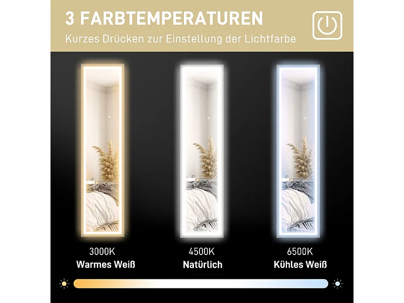 Miroir sur pied LED, 3 modes lumineux, cadre MDF gris, tactile, anti-casse, polyvalent (40x5x160cm)