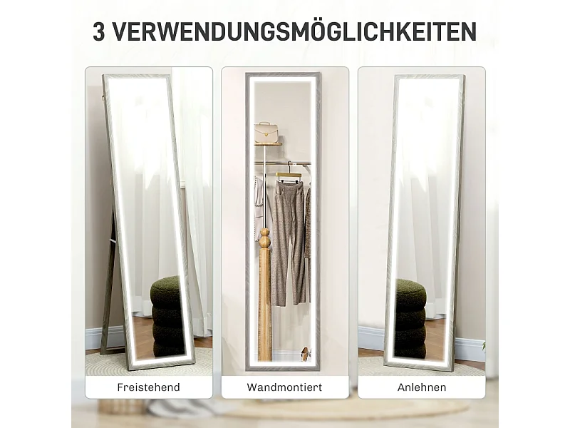 Miroir sur pied LED, 3 modes lumineux, cadre MDF gris, tactile, anti-casse, polyvalent (40x5x160cm)