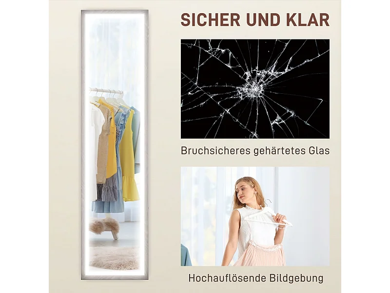 Miroir sur pied LED, 3 modes lumineux, cadre MDF gris, tactile, anti-casse, polyvalent (40x5x160cm)