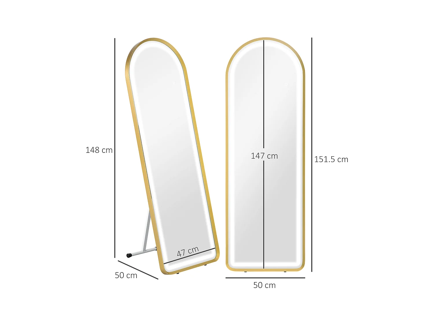 Miroir complet avec éclairage LED, réglable, cadre en métal, or (47x146 cm)