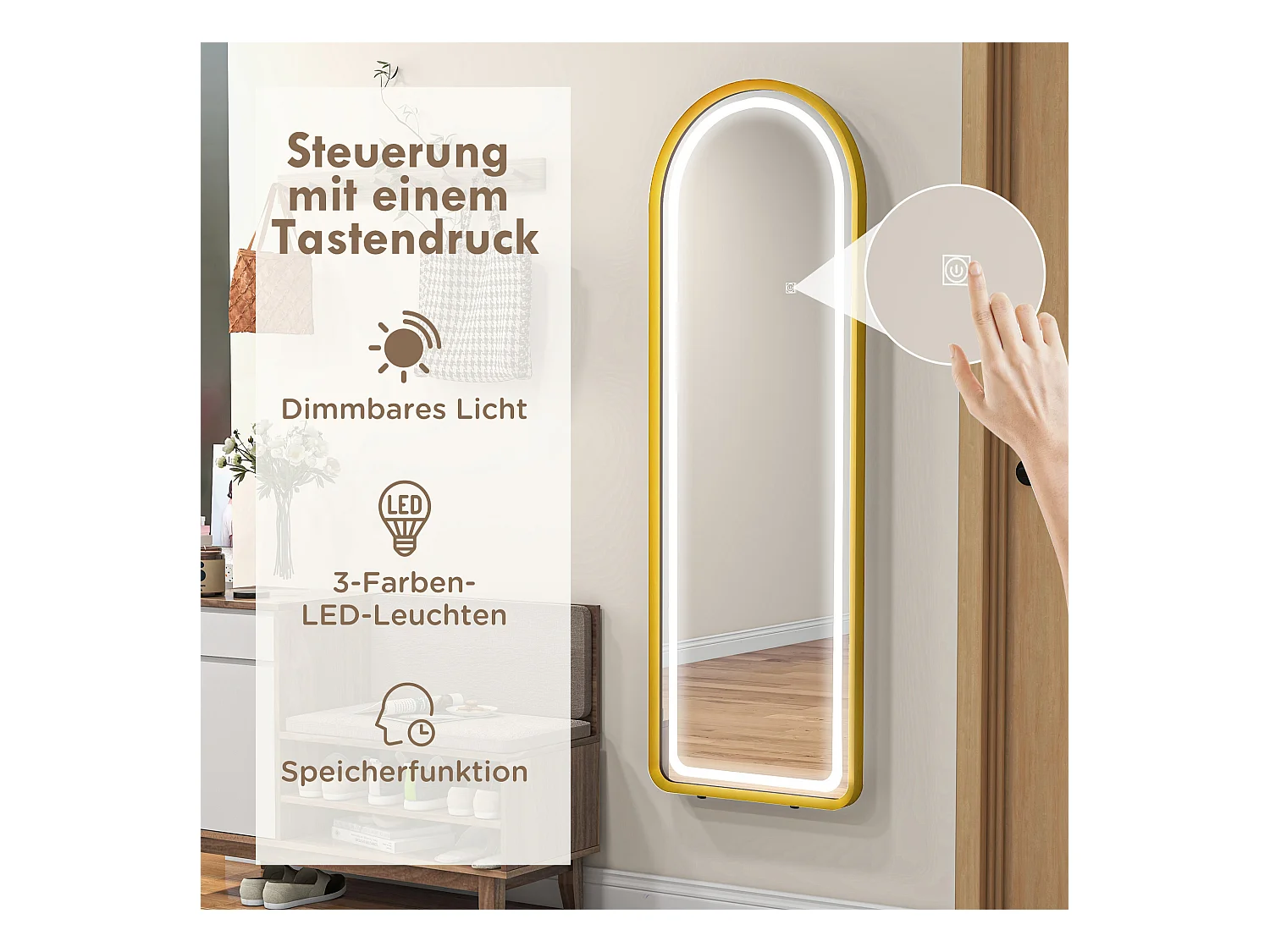 Miroir complet avec éclairage LED, réglable, cadre en métal, or (47x146 cm)