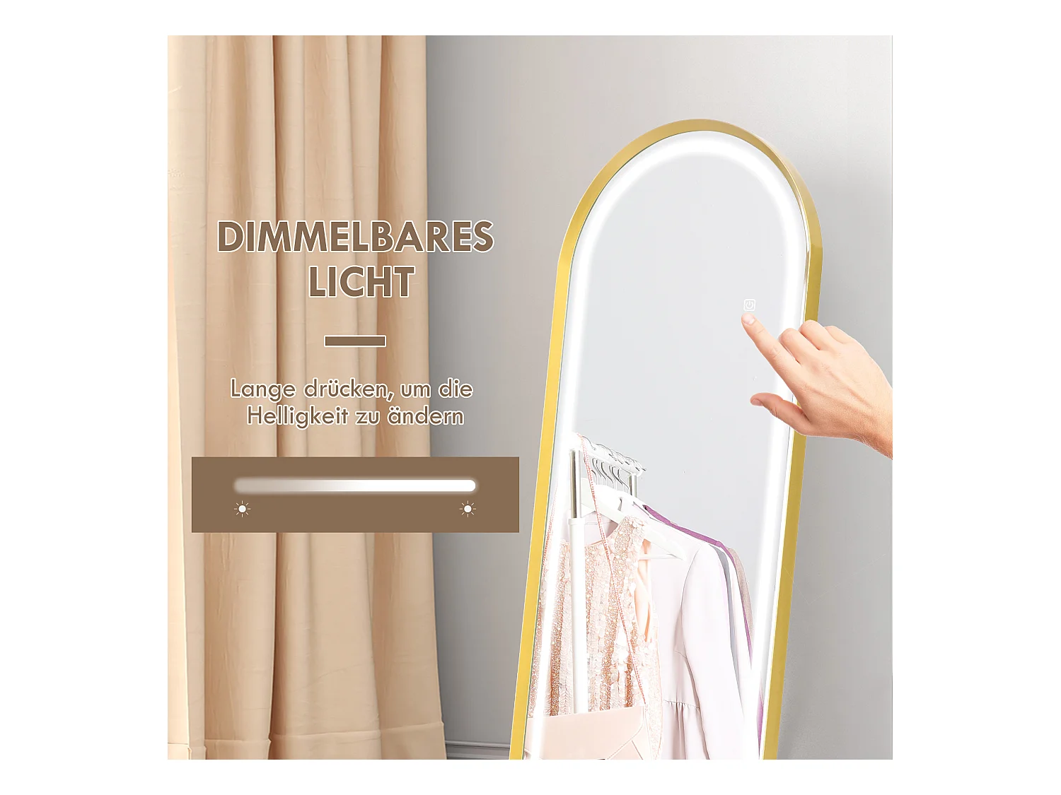 Miroir complet avec éclairage LED, réglable, cadre en métal, or (47x146 cm)