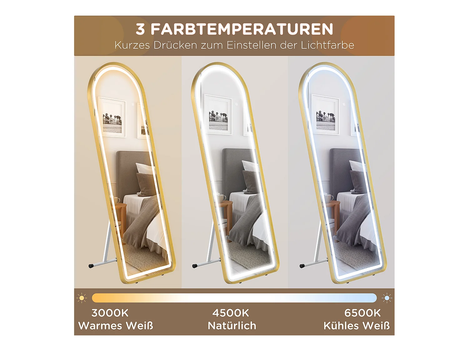 Miroir complet avec éclairage LED, réglable, cadre en métal, or (47x146 cm)