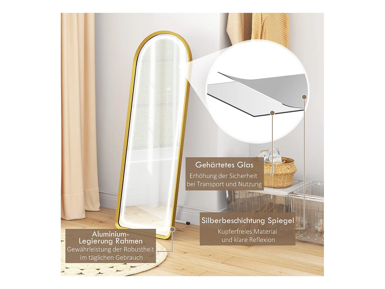 Miroir complet avec éclairage LED, réglable, cadre en métal, or (47x146 cm)