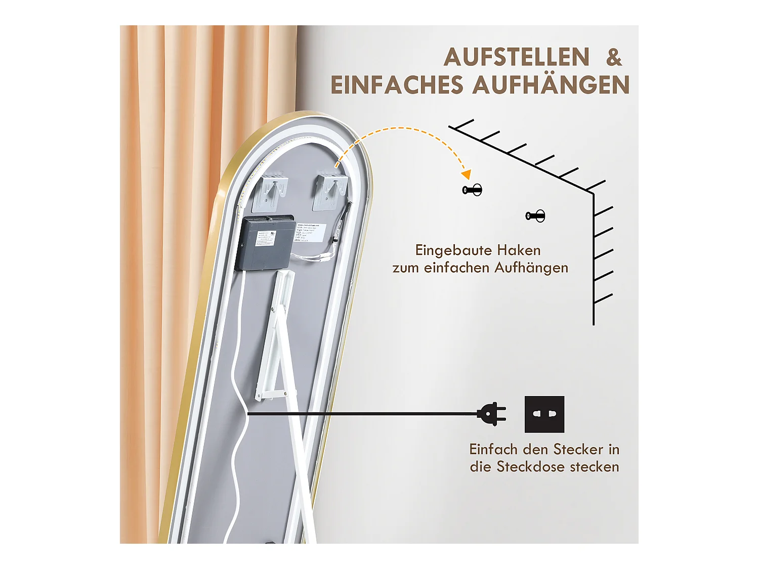 Miroir complet avec éclairage LED, réglable, cadre en métal, or (47x146 cm)