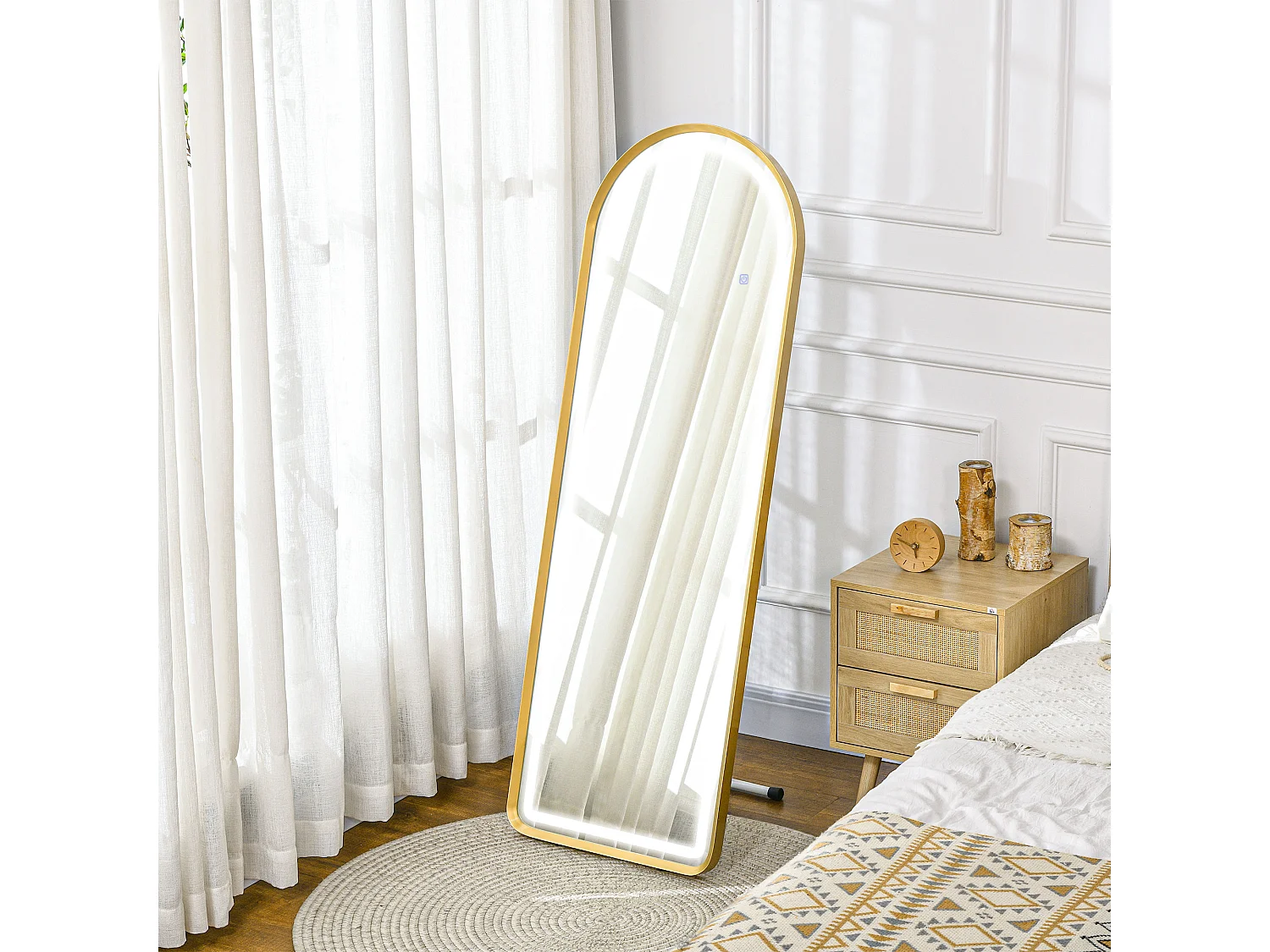 Miroir complet avec éclairage LED, réglable, cadre en métal, or (47x146 cm)