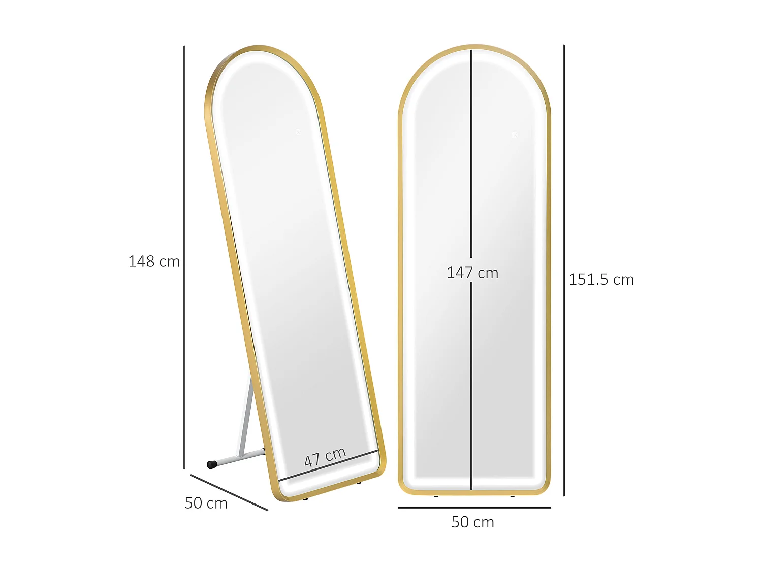Miroir complet avec éclairage LED, réglable, cadre en métal, or (47x146 cm)