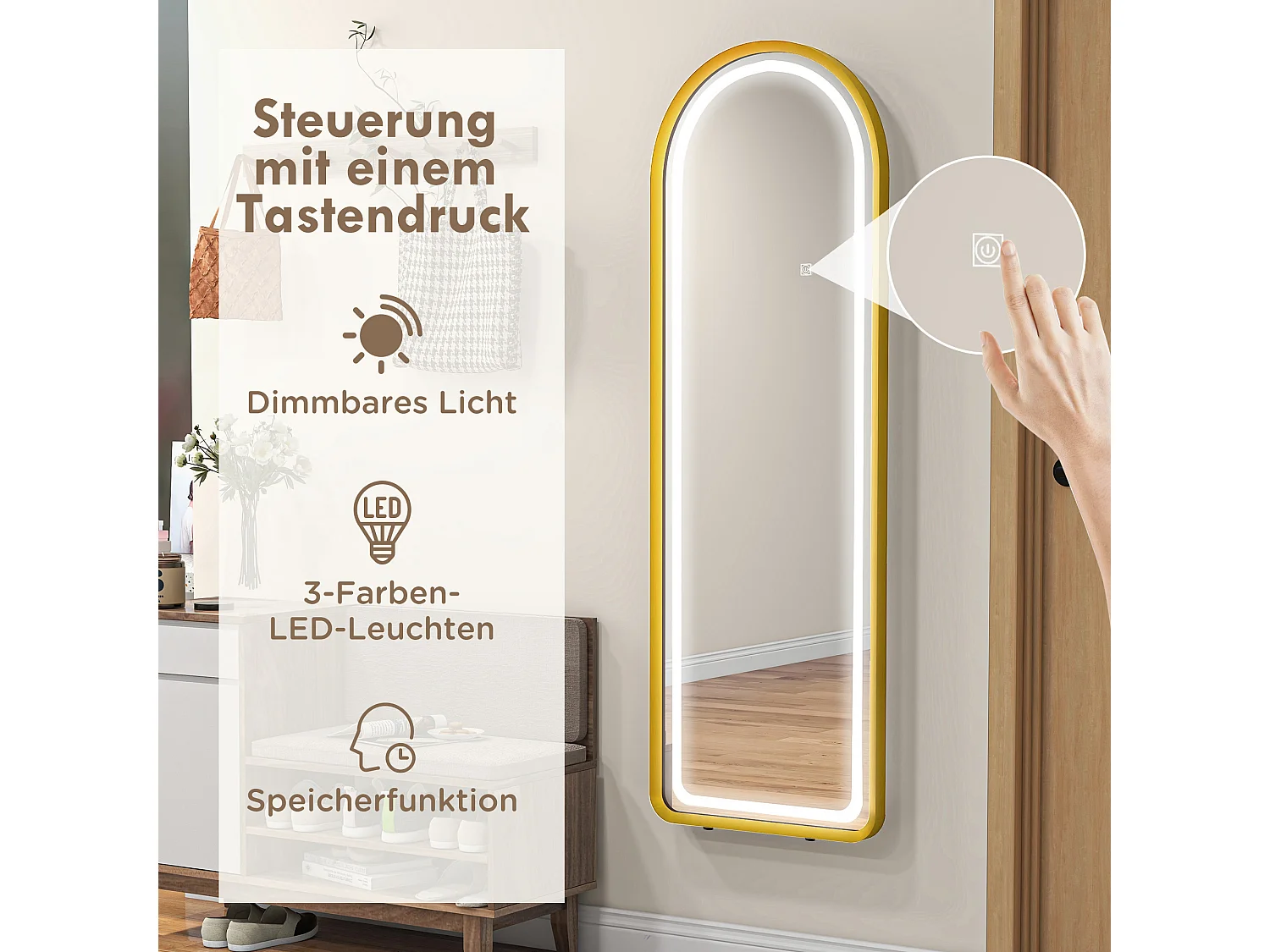 Miroir complet avec éclairage LED, réglable, cadre en métal, or (47x146 cm)