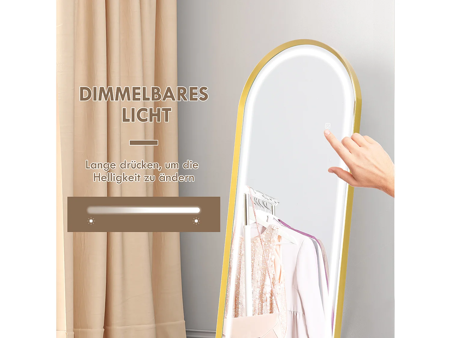 Miroir complet avec éclairage LED, réglable, cadre en métal, or (47x146 cm)