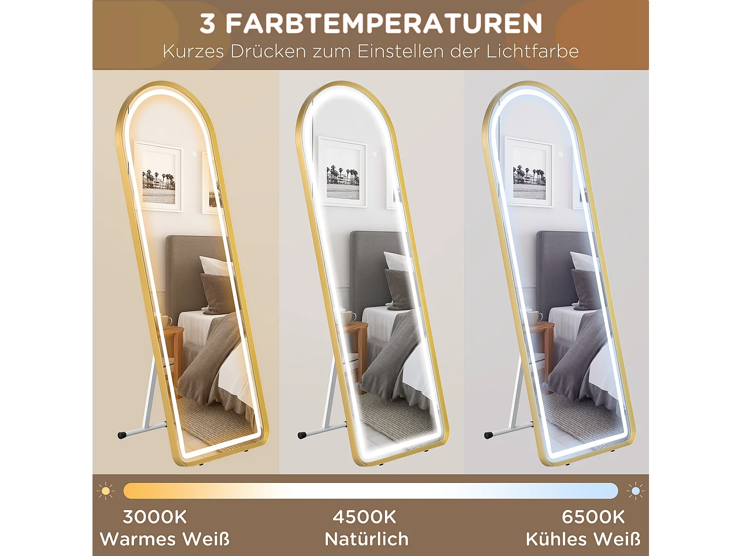 Miroir complet avec éclairage LED, réglable, cadre en métal, or (47x146 cm)