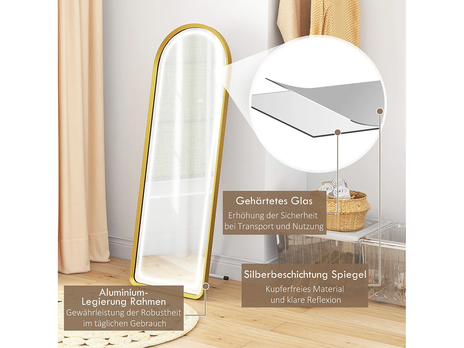 Miroir complet avec éclairage LED, réglable, cadre en métal, or (47x146 cm)