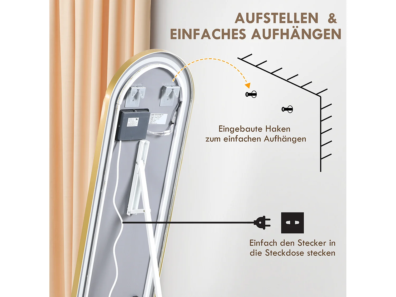 Miroir complet avec éclairage LED, réglable, cadre en métal, or (47x146 cm)