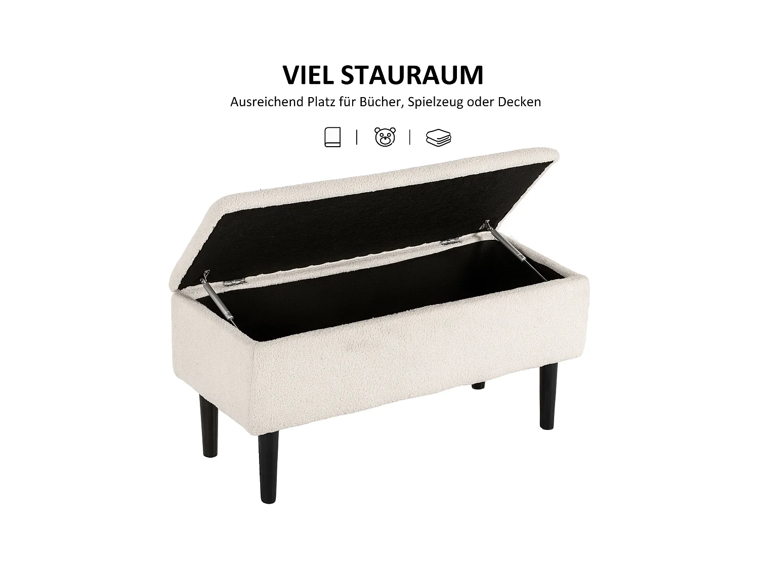 Banc de rangement avec coussin, coffre à ouverture rabattable, velours, beige (95x38x45 cm)