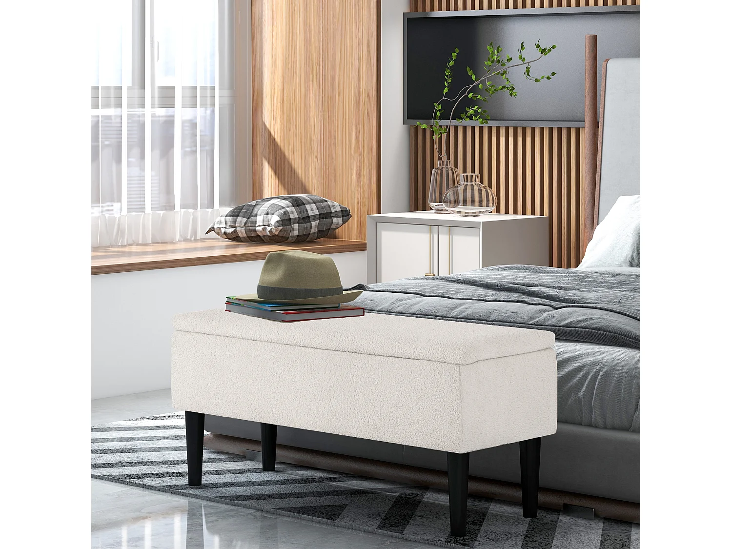 Banc de rangement avec coussin, coffre à ouverture rabattable, velours, beige (95x38x45 cm)