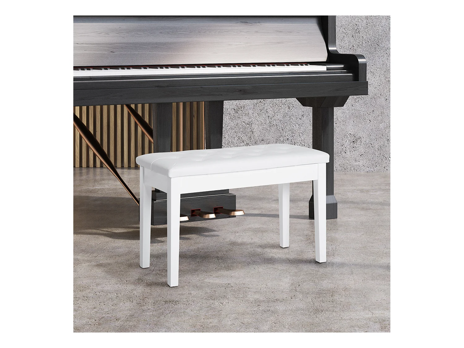 Banquette de piano avec rangement, style campagne, bois de caoutchouc et simili cuir, blanc, (76x36x50 cm)