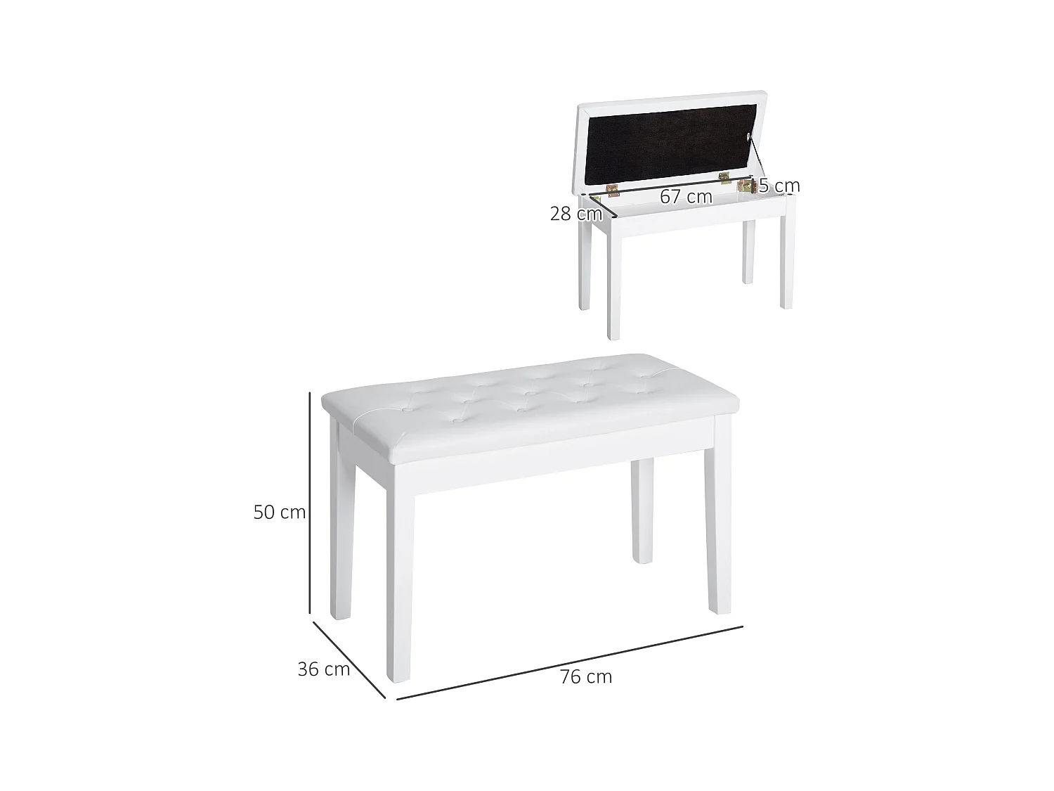 Banquette de piano avec rangement, style campagne, bois de caoutchouc et simili cuir, blanc, (76x36x50 cm)