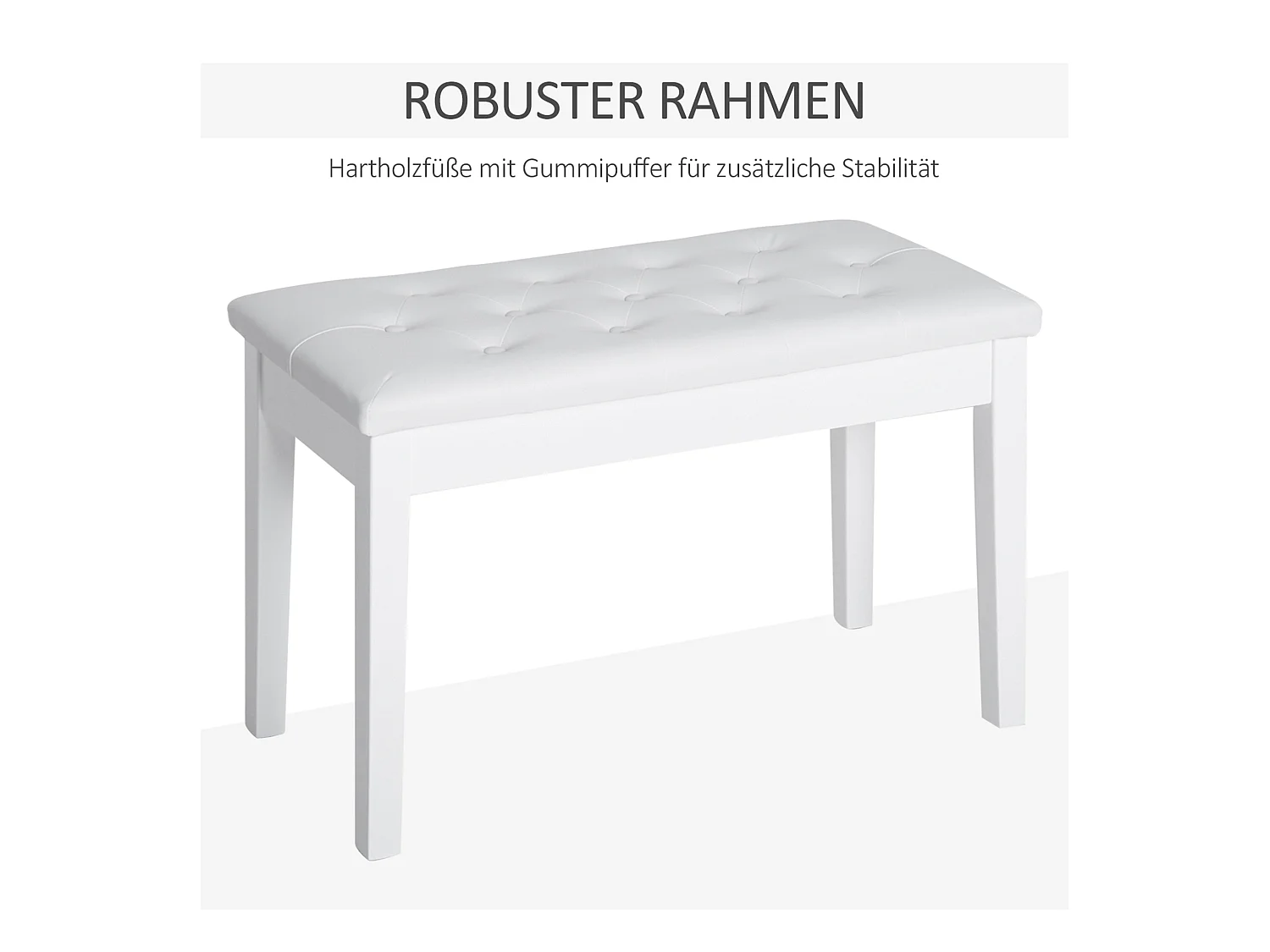 Banquette de piano avec rangement, style campagne, bois de caoutchouc et simili cuir, blanc, (76x36x50 cm)