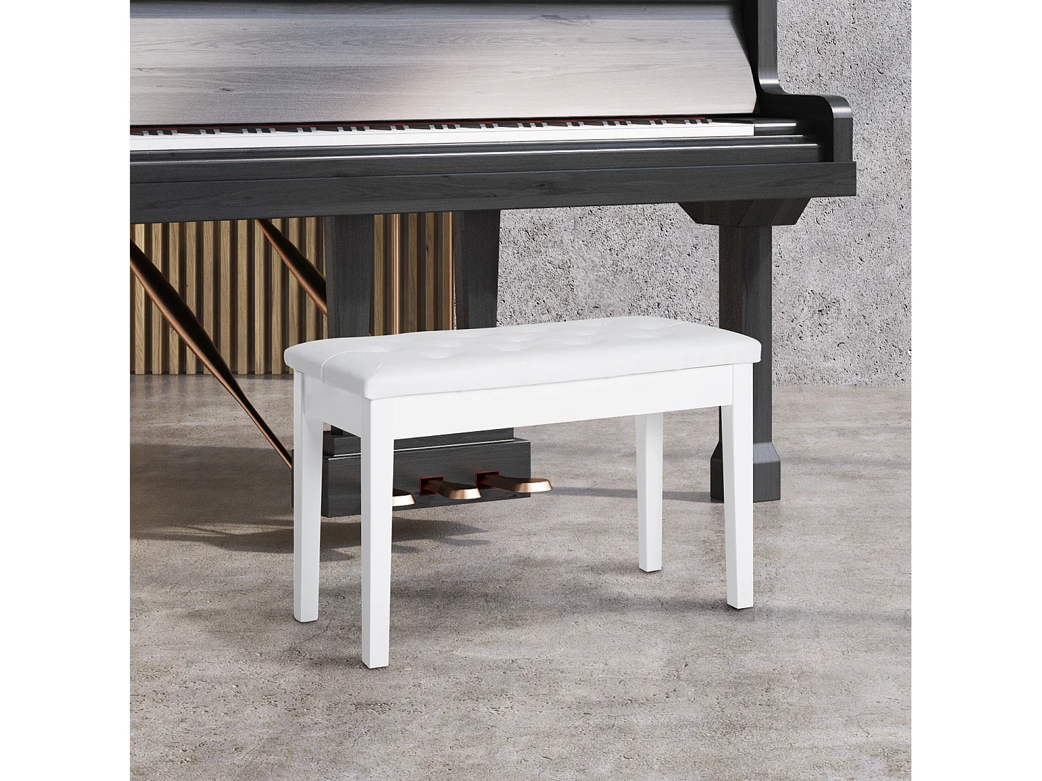 Banquette de piano avec rangement, style campagne, bois de caoutchouc et simili cuir, blanc, (76x36x50 cm)