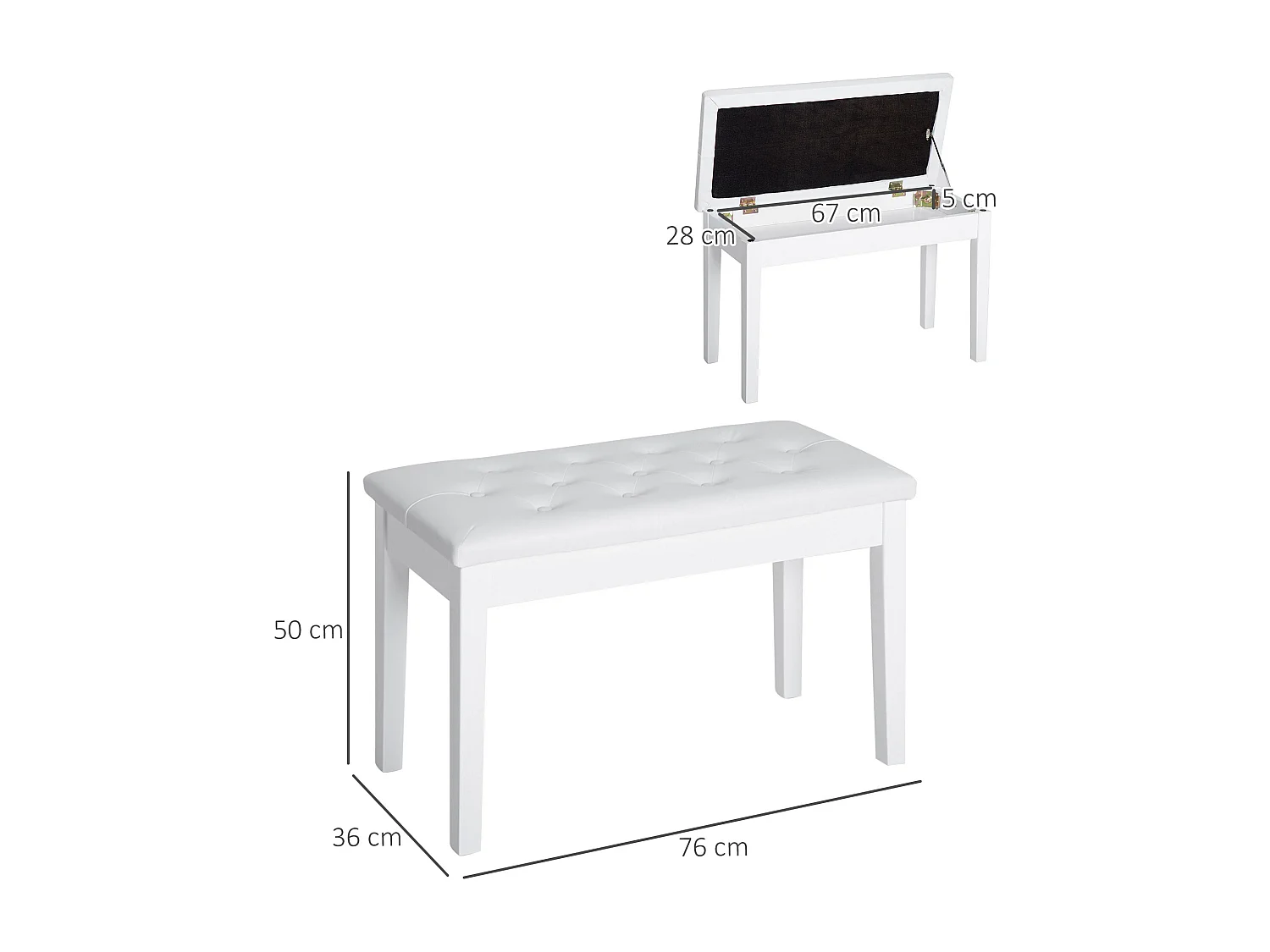 Banquette de piano avec rangement, style campagne, bois de caoutchouc et simili cuir, blanc, (76x36x50 cm)