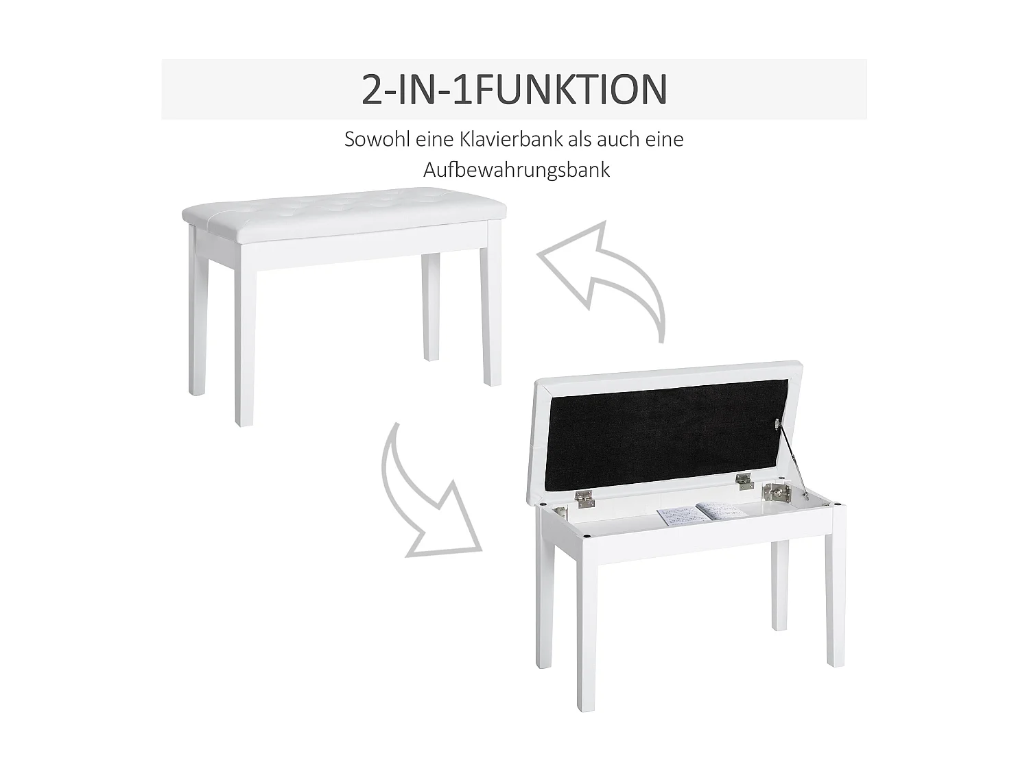 Banquette de piano avec rangement, style campagne, bois de caoutchouc et simili cuir, blanc, (76x36x50 cm)