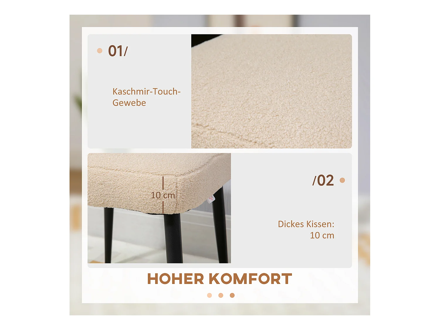 Vierkante poef van kasjmierstof met stalen poten, voor woonkamer en slaapkamer, beige (42x42x47 cm)