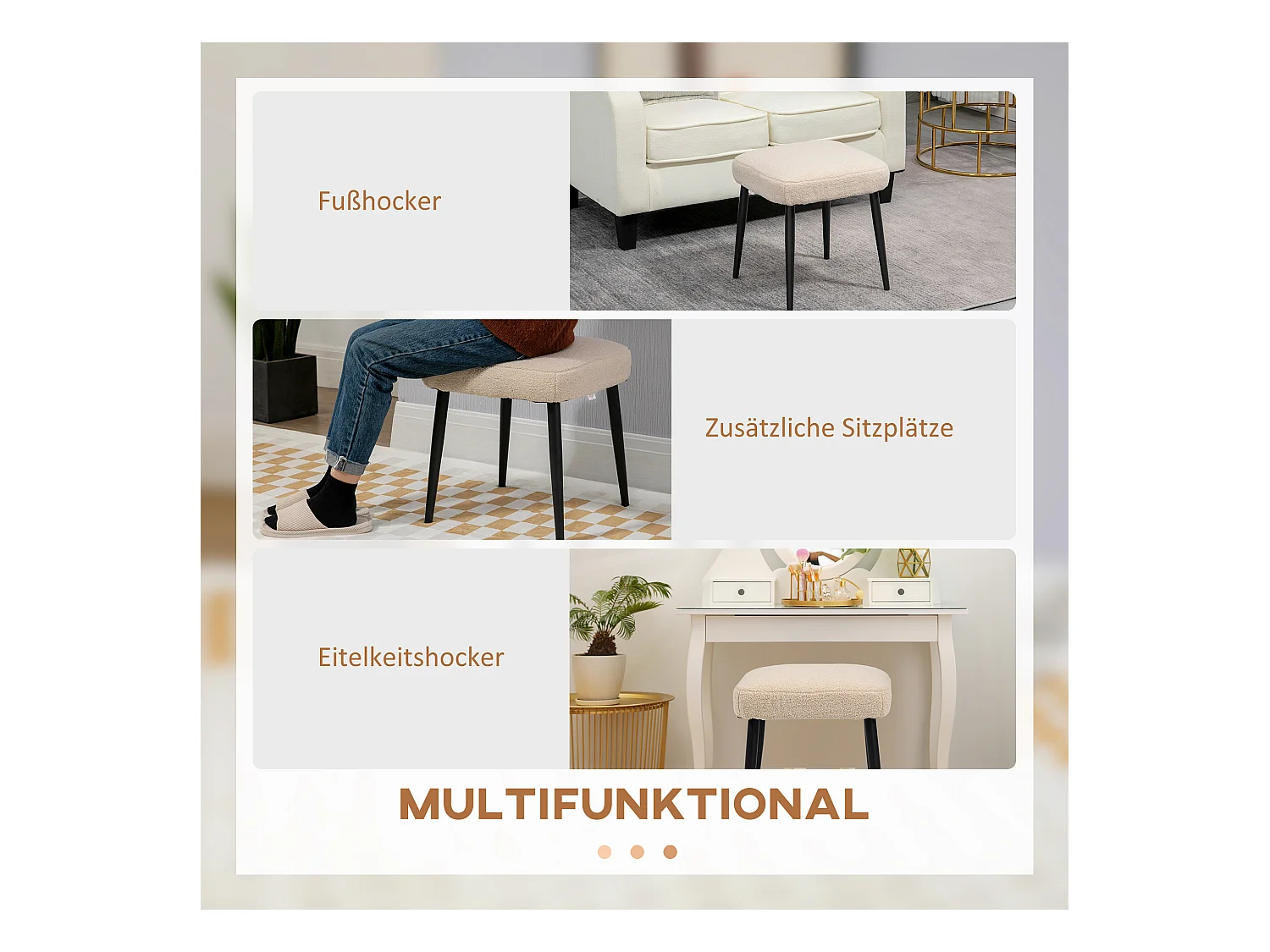 Vierkante poef van kasjmierstof met stalen poten, voor woonkamer en slaapkamer, beige (42x42x47 cm)