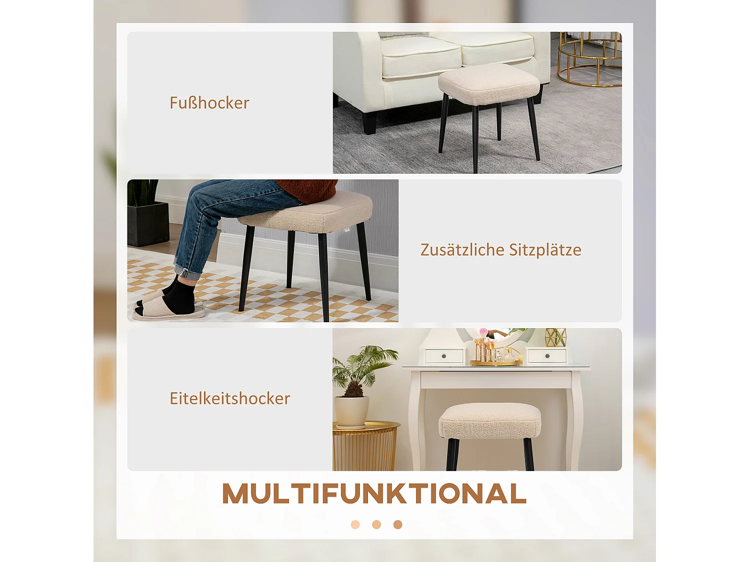 Pouf carré en tissu effet cachemire avec pieds en acier, pour salon et chambre, beige (42x42x47 cm)