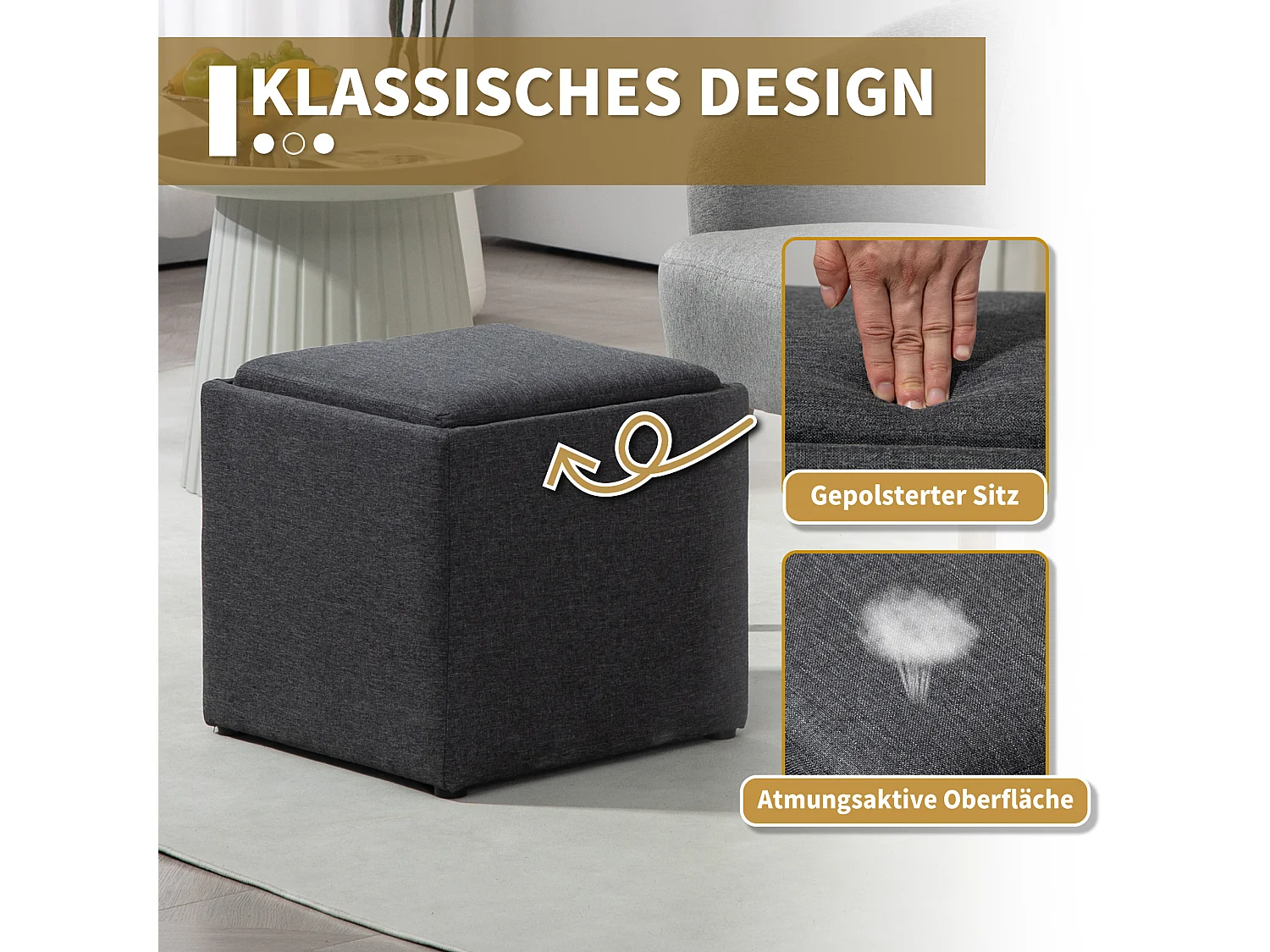 Opbergbank met kussen, gestoffeerde bank met afneembare hoes, linnen stof, grijs (42x42x41 cm)