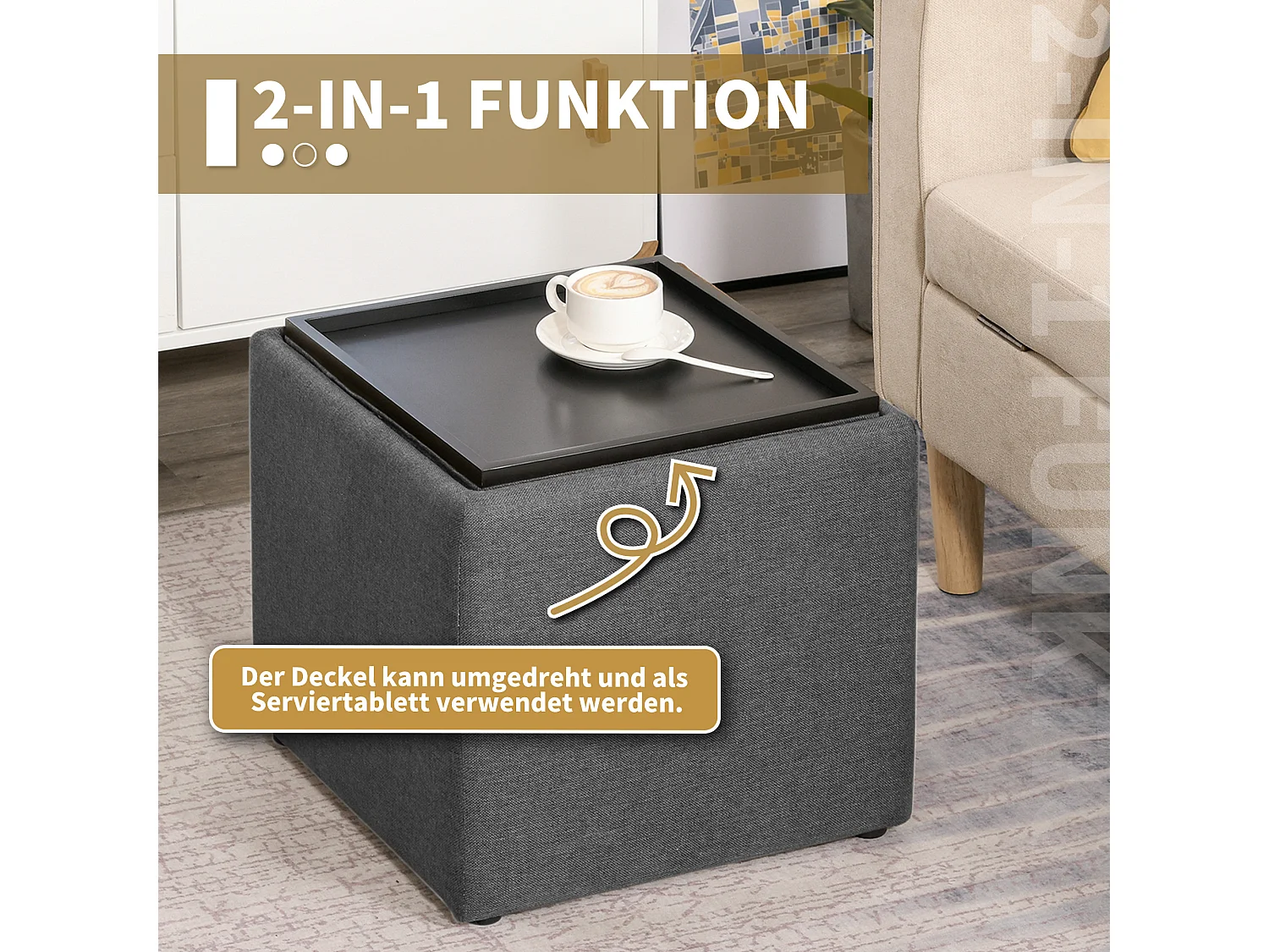 Opbergbank met kussen, gestoffeerde bank met afneembare hoes, linnen stof, grijs (42x42x41 cm)