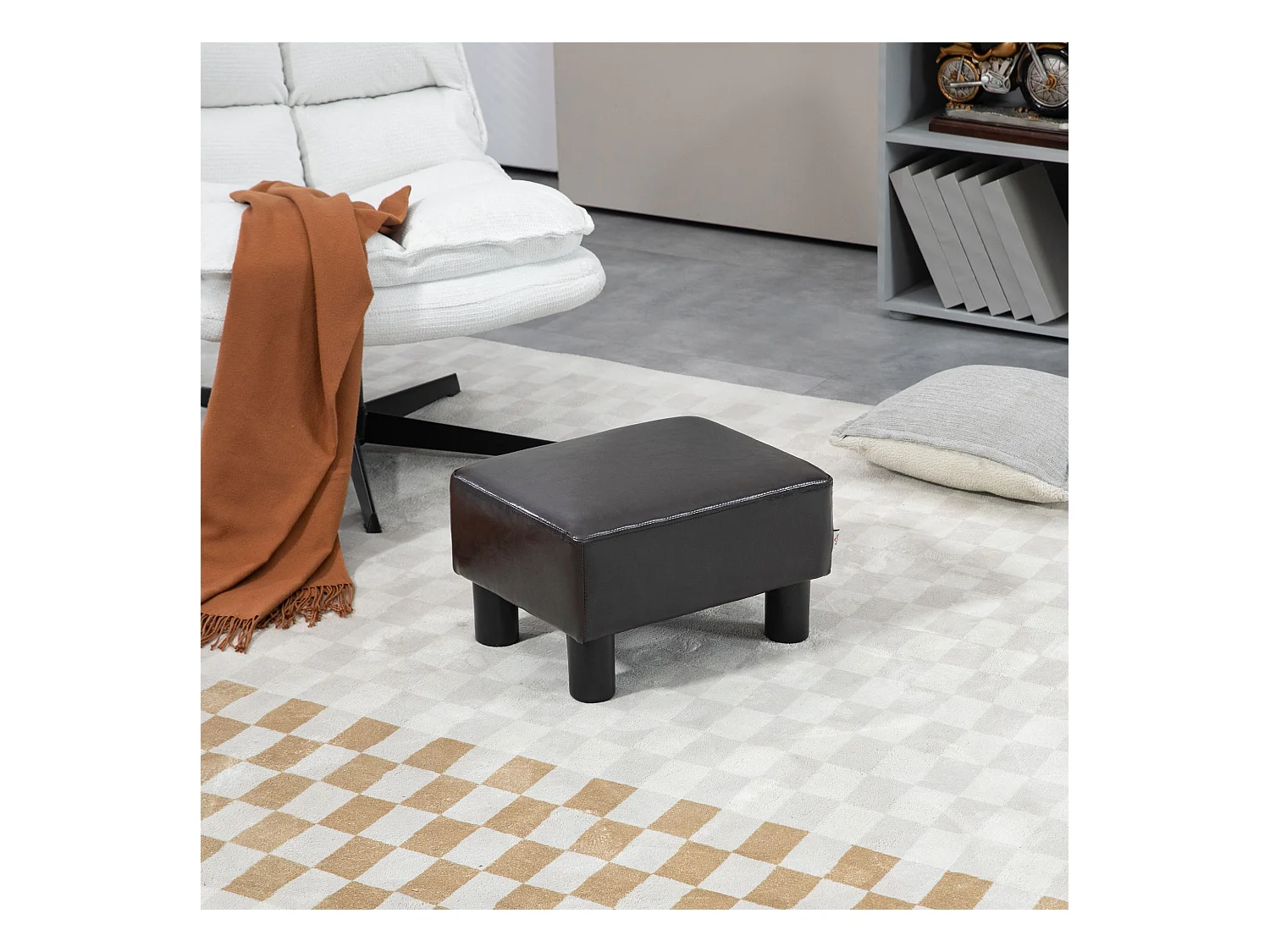 Pouf rectangulaire en simili cuir, robuste 100kg, marron, pieds plastique (40x30x24cm)