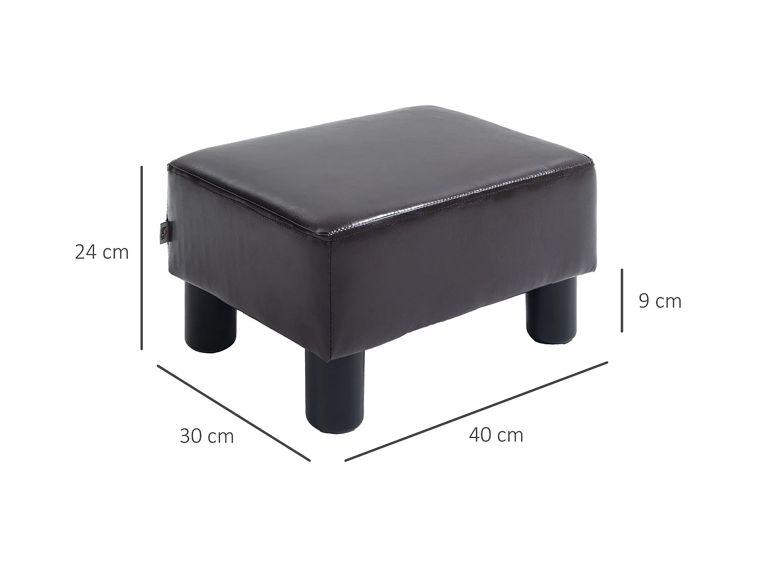 Pouf rectangulaire en simili cuir, robuste 100kg, marron, pieds plastique (40x30x24cm)