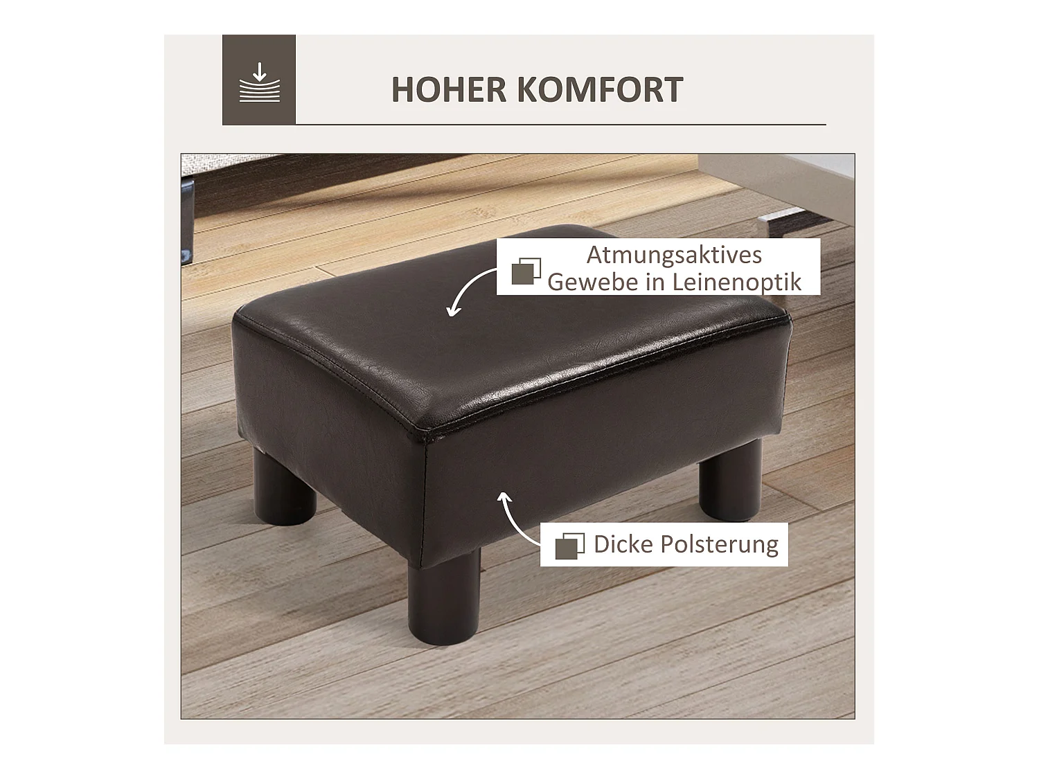 Pouf rectangulaire en simili cuir, robuste 100kg, marron, pieds plastique (40x30x24cm)