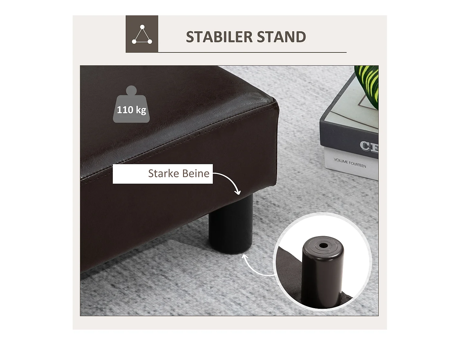 Pouf rectangulaire en simili cuir, robuste 100kg, marron, pieds plastique (40x30x24cm)