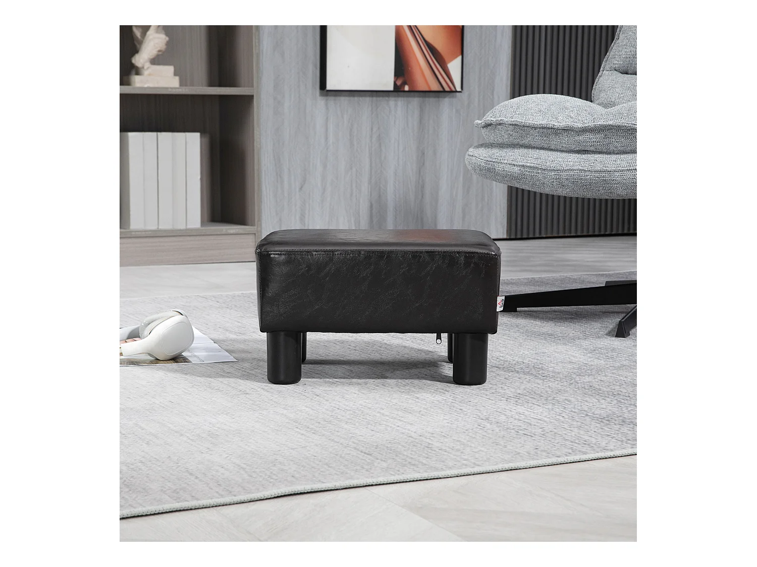 Pouf rectangulaire en simili cuir, robuste 100kg, marron, pieds plastique (40x30x24cm)