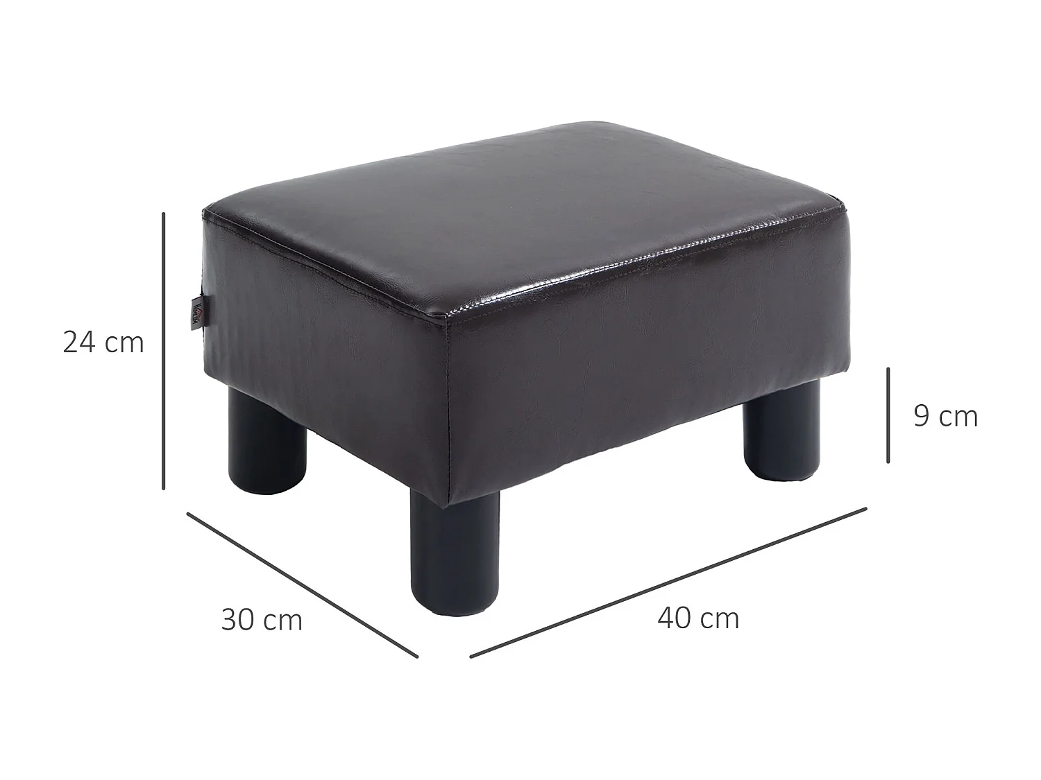 Pouf rectangulaire en simili cuir, robuste 100kg, marron, pieds plastique (40x30x24cm)