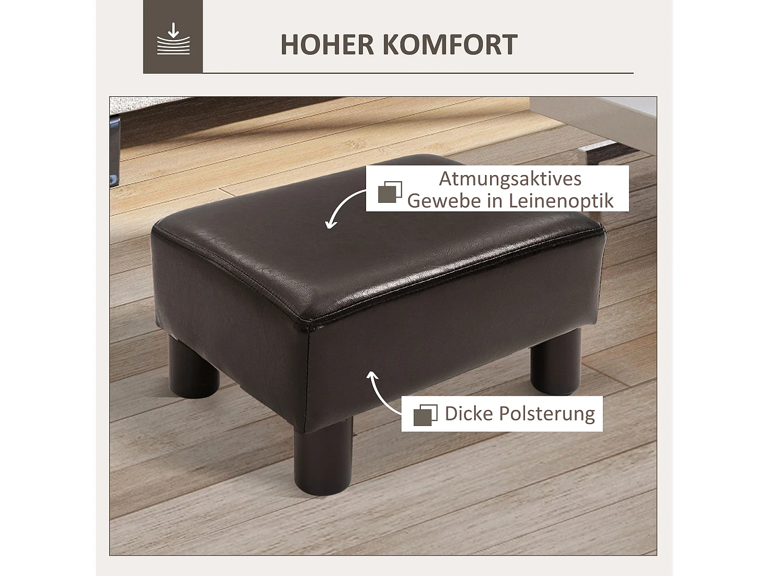 Pouf rectangulaire en simili cuir, robuste 100kg, marron, pieds plastique (40x30x24cm)