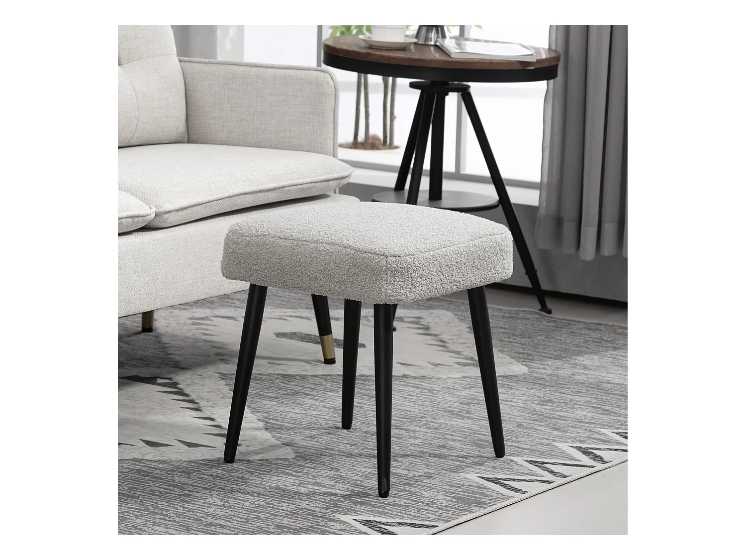 Pouf carré, tissu en cachemire, pieds en métal, gris clair, (42x42x47 cm)