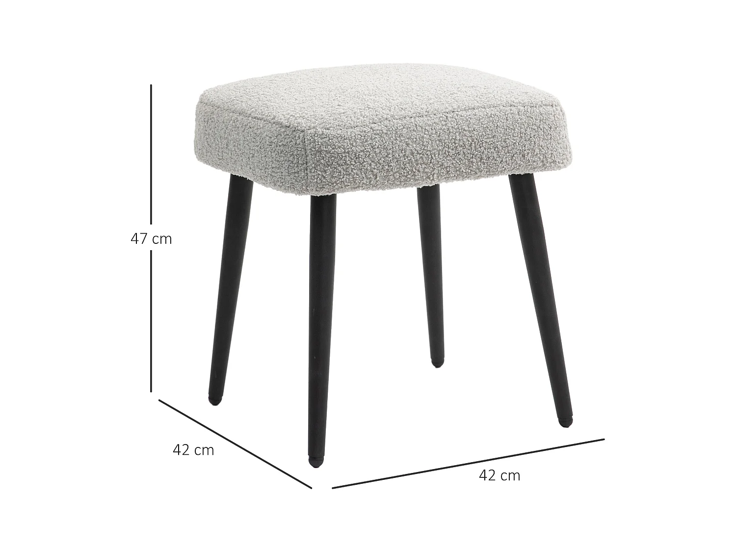 Pouf carré, tissu en cachemire, pieds en métal, gris clair, (42x42x47 cm)