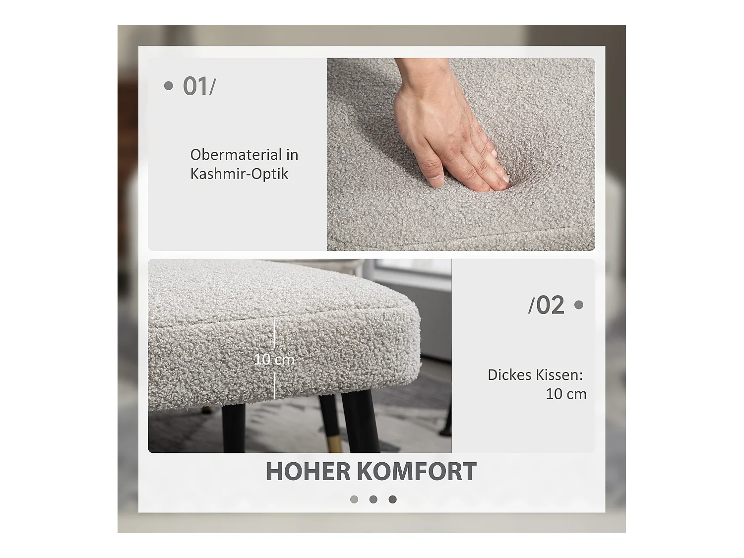 Pouf carré, tissu en cachemire, pieds en métal, gris clair, (42x42x47 cm)