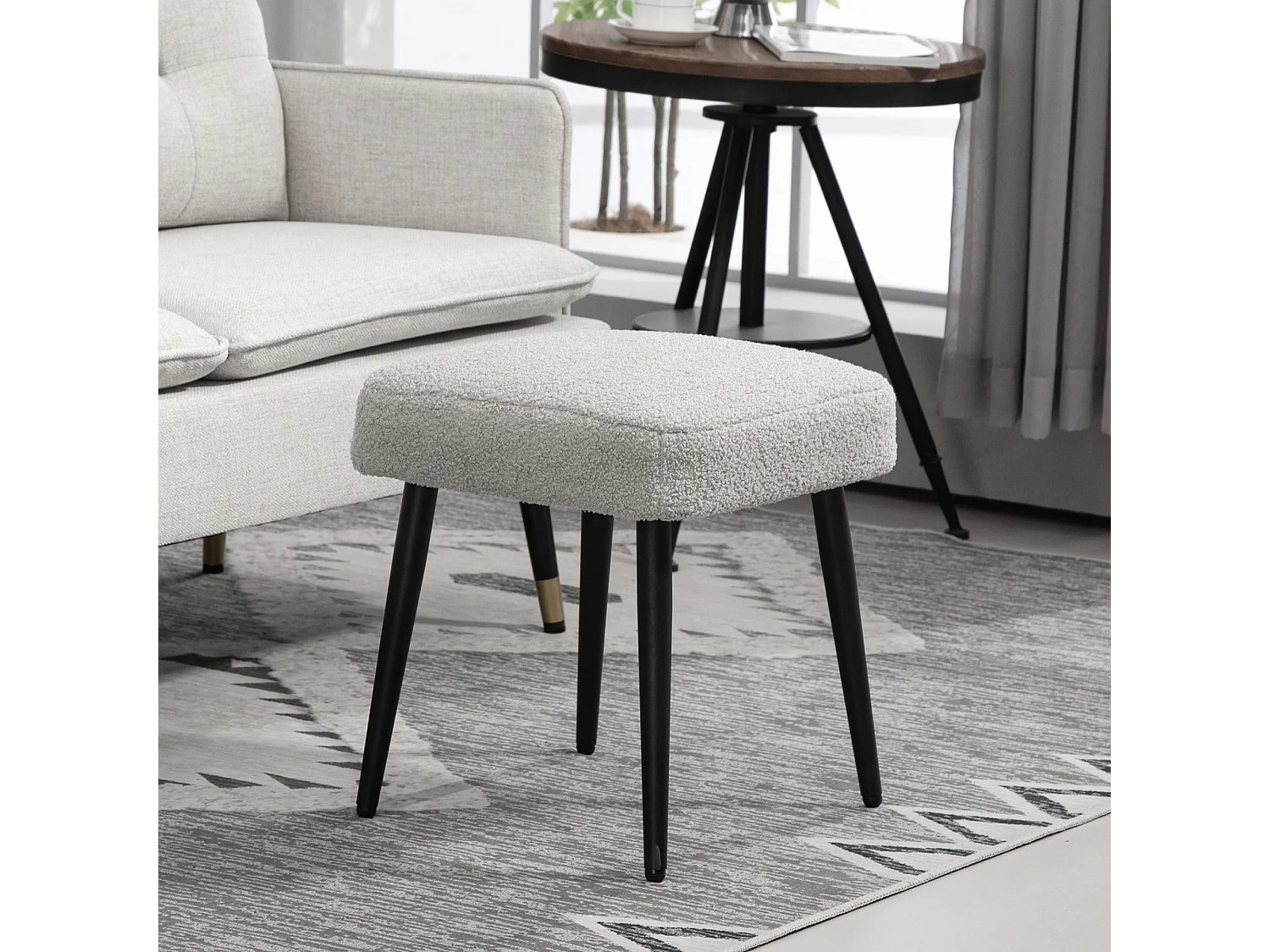 Pouf carré, tissu en cachemire, pieds en métal, gris clair, (42x42x47 cm)