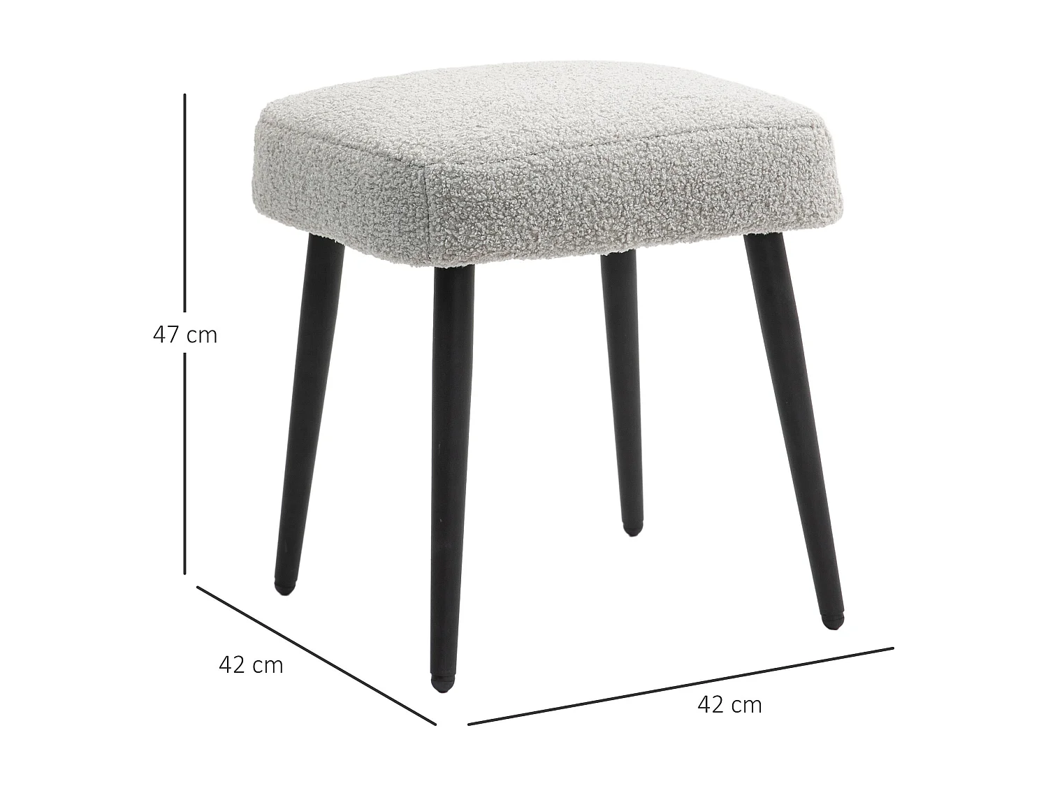 Pouf carré, tissu en cachemire, pieds en métal, gris clair, (42x42x47 cm)