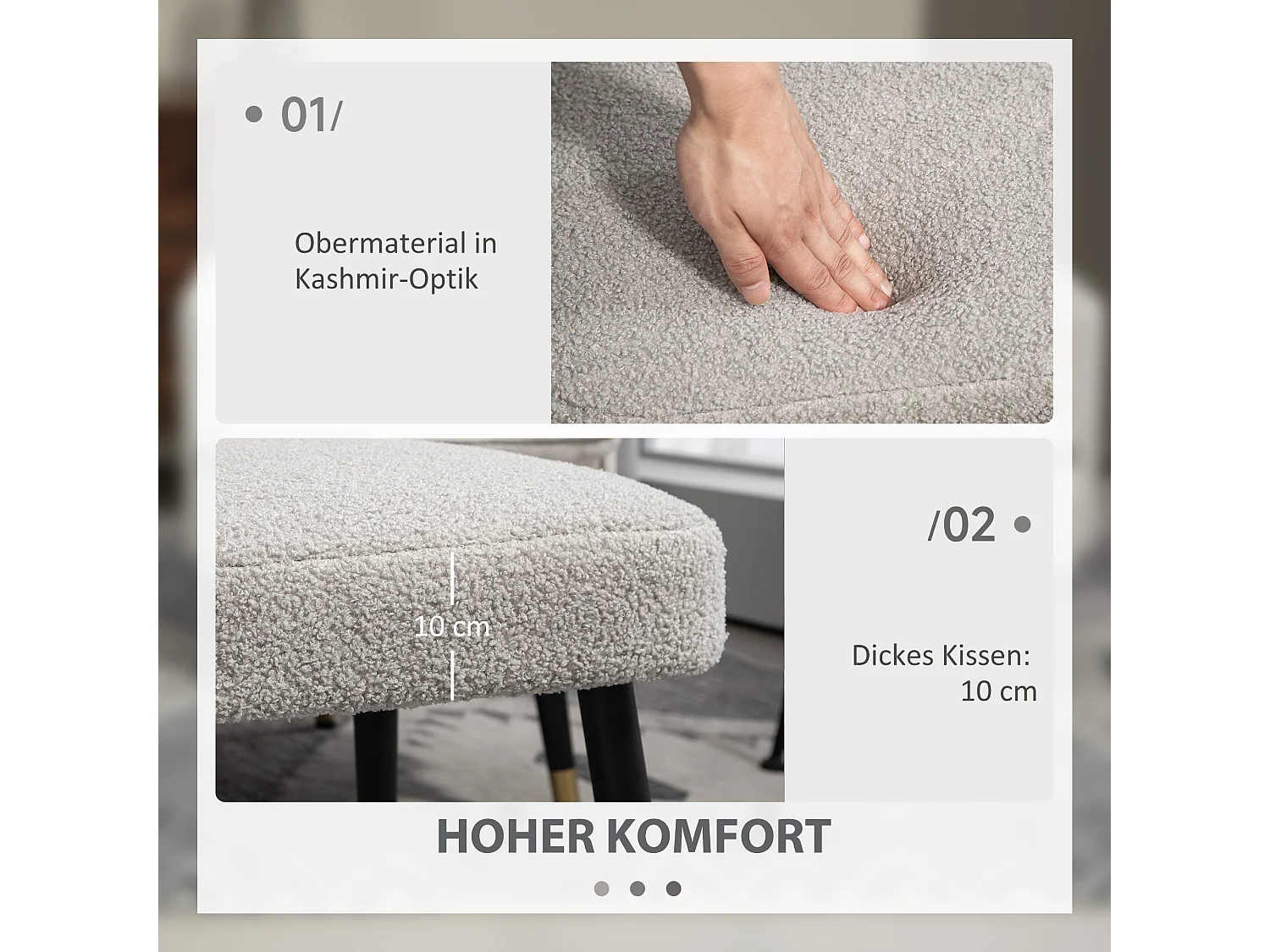 Pouf carré, tissu en cachemire, pieds en métal, gris clair, (42x42x47 cm)