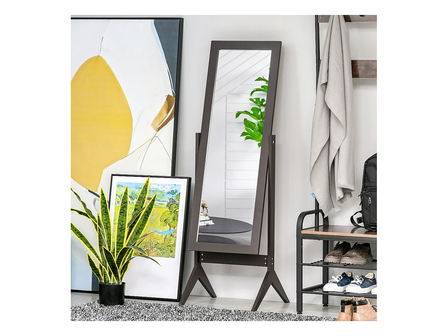 Miroir sur pied inclinable, cadre MDF, finition café, facile d’entretien (47x46x148cm)