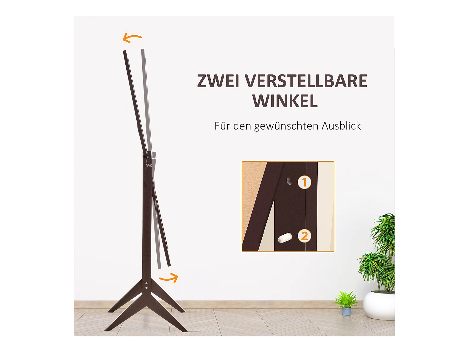 Miroir sur pied inclinable, cadre MDF, finition café, facile d’entretien (47x46x148cm)