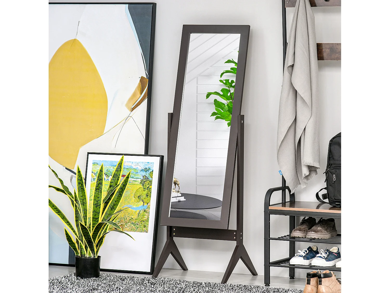 Specchio da appoggio basculante, cornice in MDF, finitura caffè, facile da pulire (47x46x148cm)