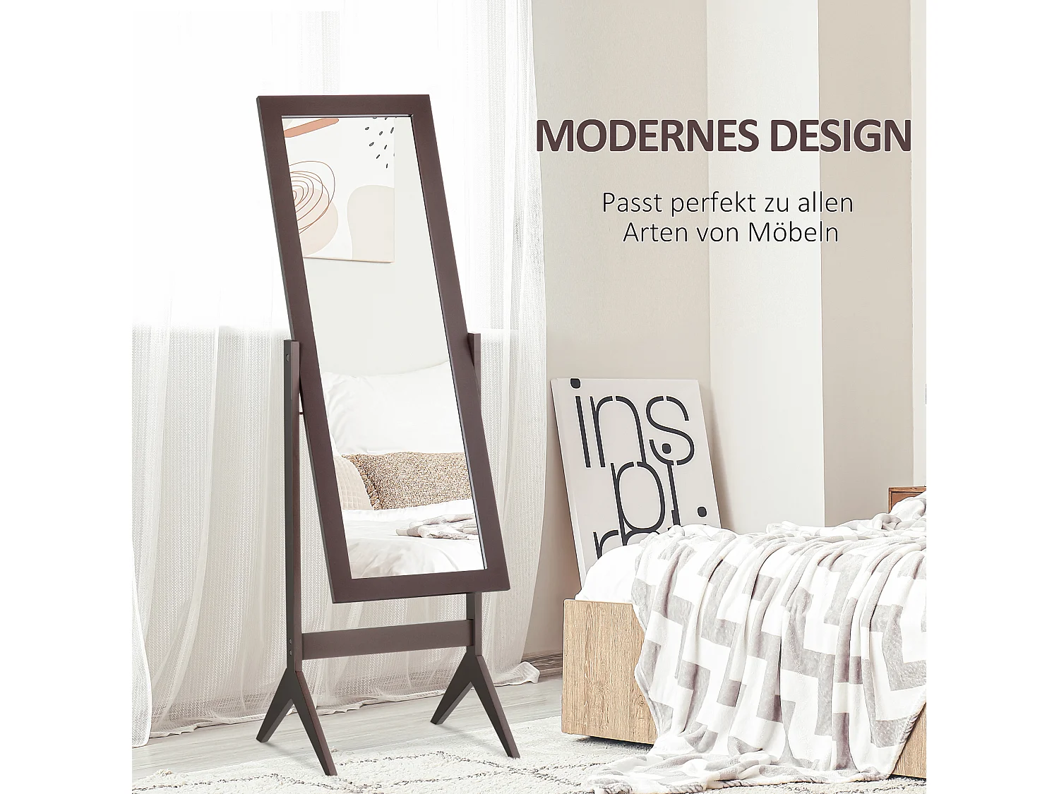 Specchio da appoggio basculante, cornice in MDF, finitura caffè, facile da pulire (47x46x148cm)