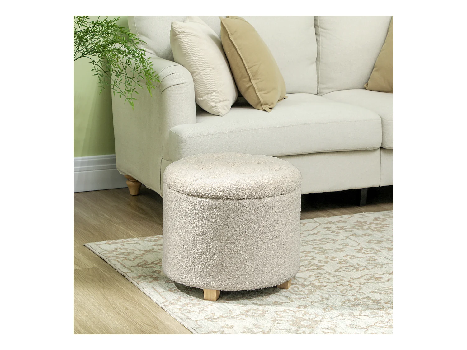 Ronde opbergbank met kussen, polyester, crème (45x45x41cm)